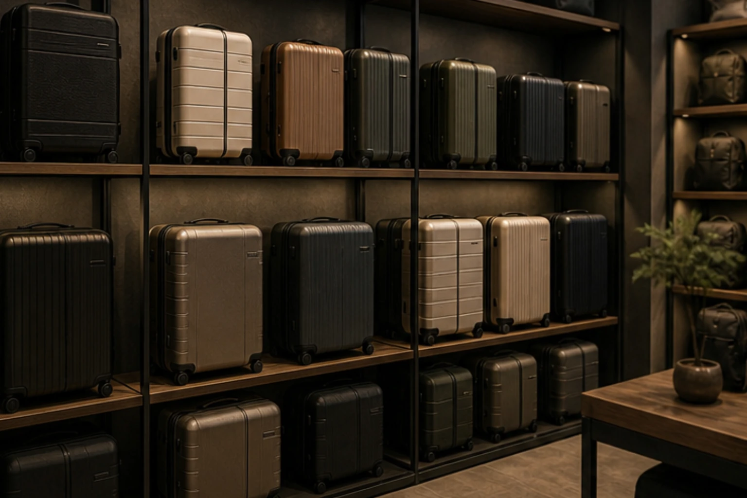 luggage wall with hard shell suitcases soft tones and premium travel retail styling
