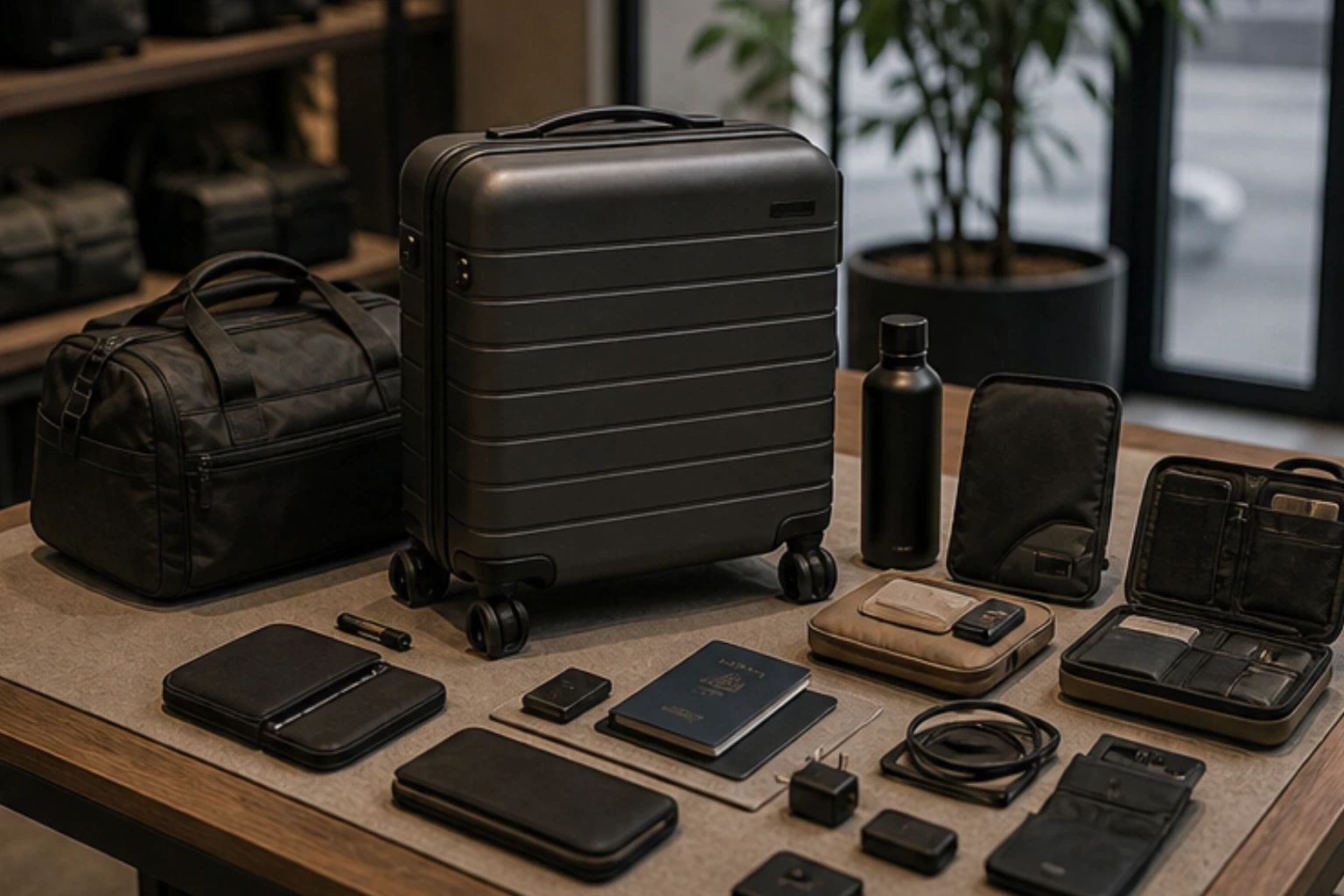 carry-on table with compact suitcase passport pouch and travel-ready accessories