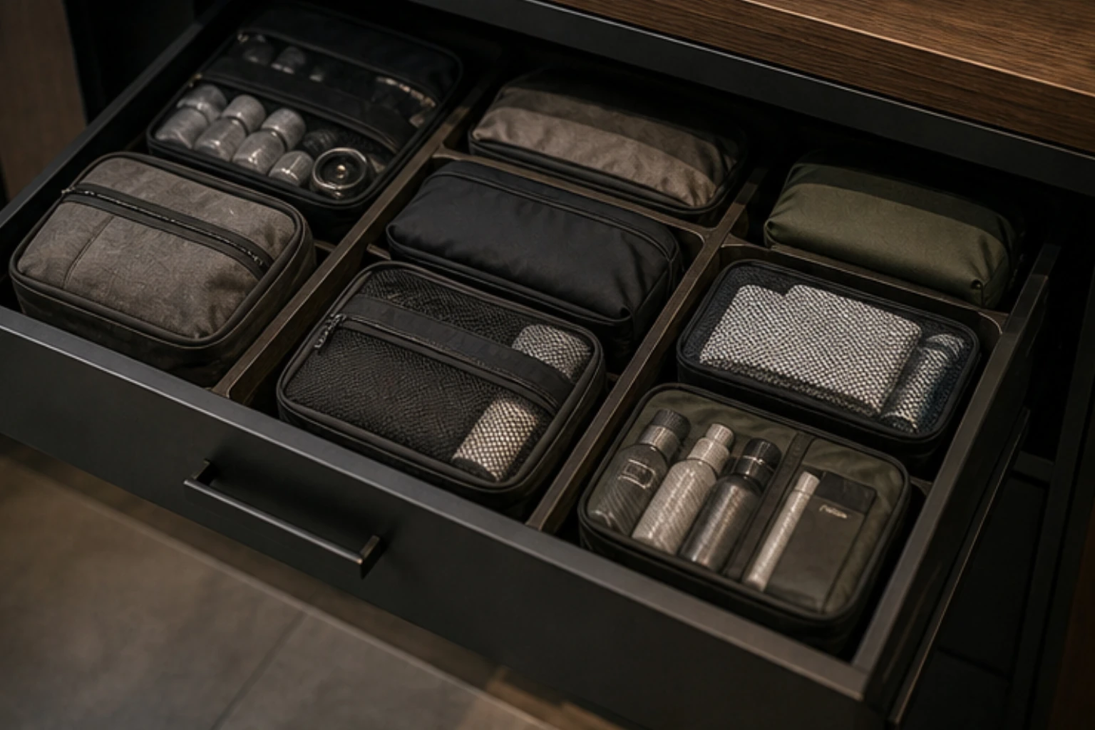drawer of packing cubes toiletry cases and travel organizers