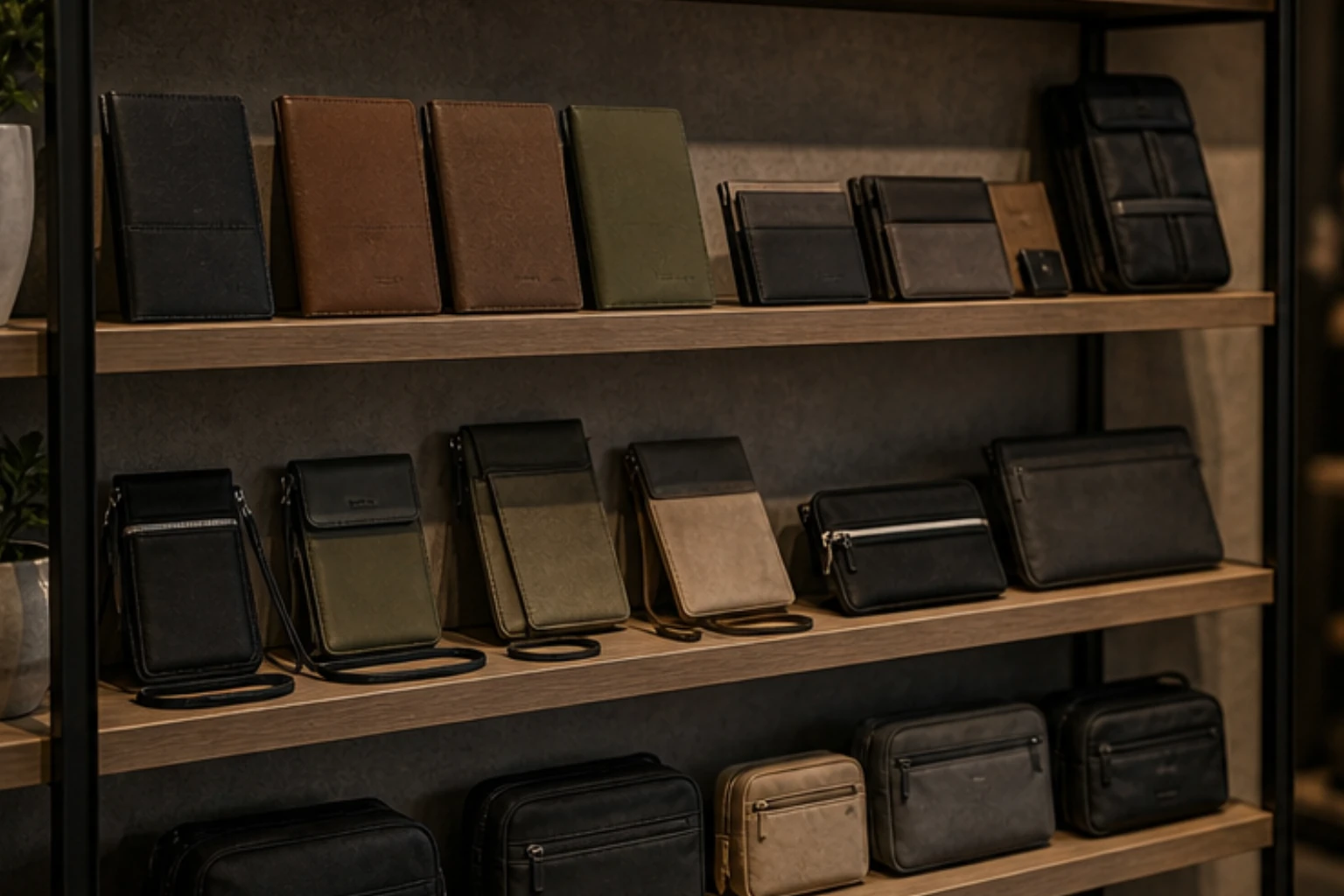 travel accessory shelf with passport covers card holders and security pouches