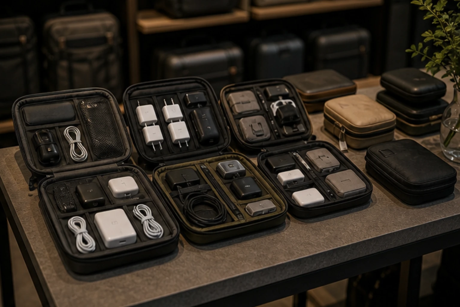 tech pouch display with chargers cables adapters and compact travel electronics organizers