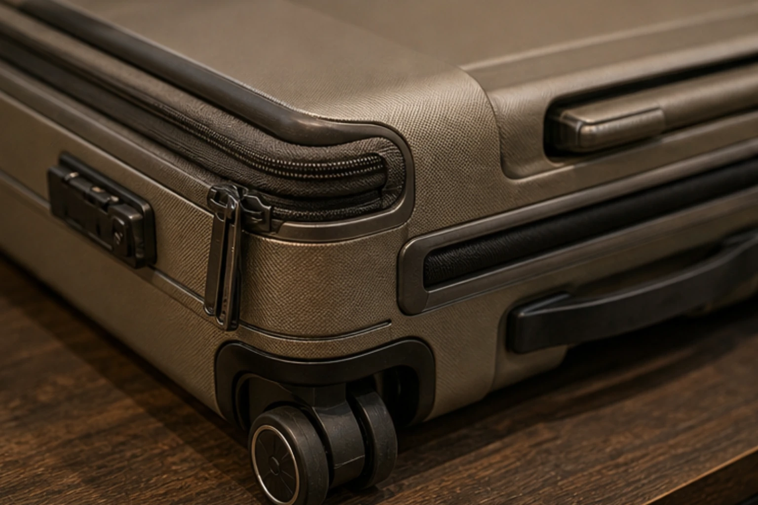 close luggage detail with zipper wheel handle and premium travel materials