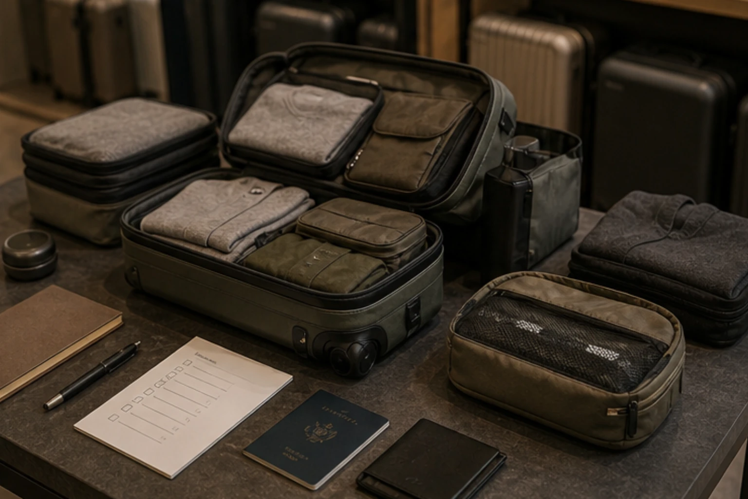 packing bench with open suitcase folded garments cubes and travel checklist items