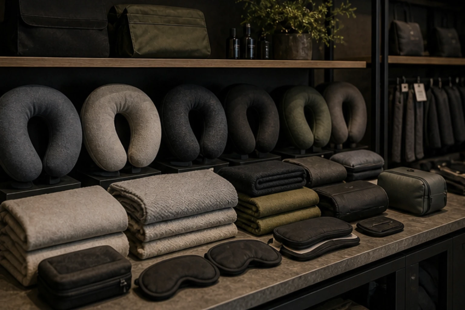 travel comfort display with neck pillows blankets sleep masks and compact carry pieces