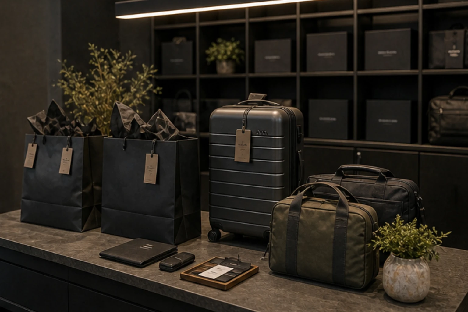 pickup corner with packed travel orders luggage tags and premium handoff counter