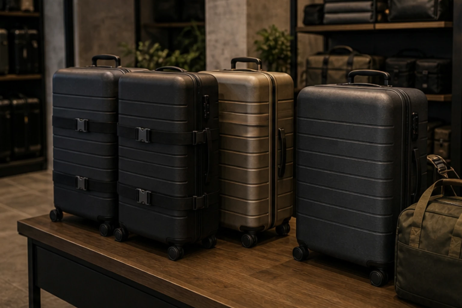 checked luggage edit with larger cases straps and premium airport-travel styling