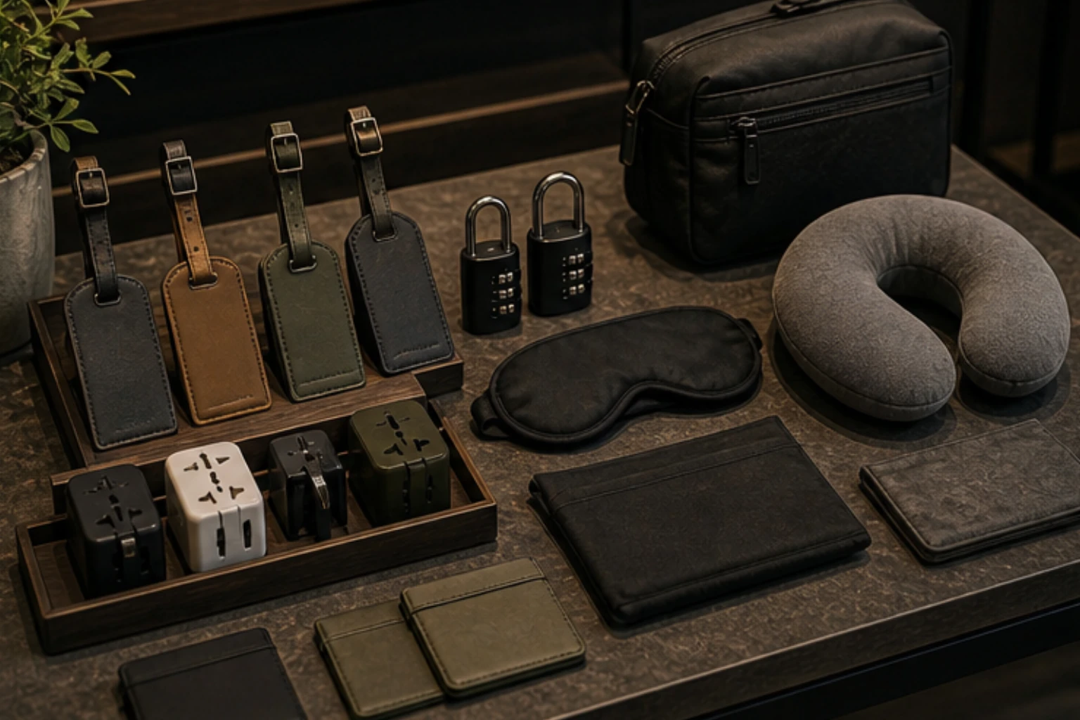 travel accessory edit with tags locks adapters pouches and compact comfort items